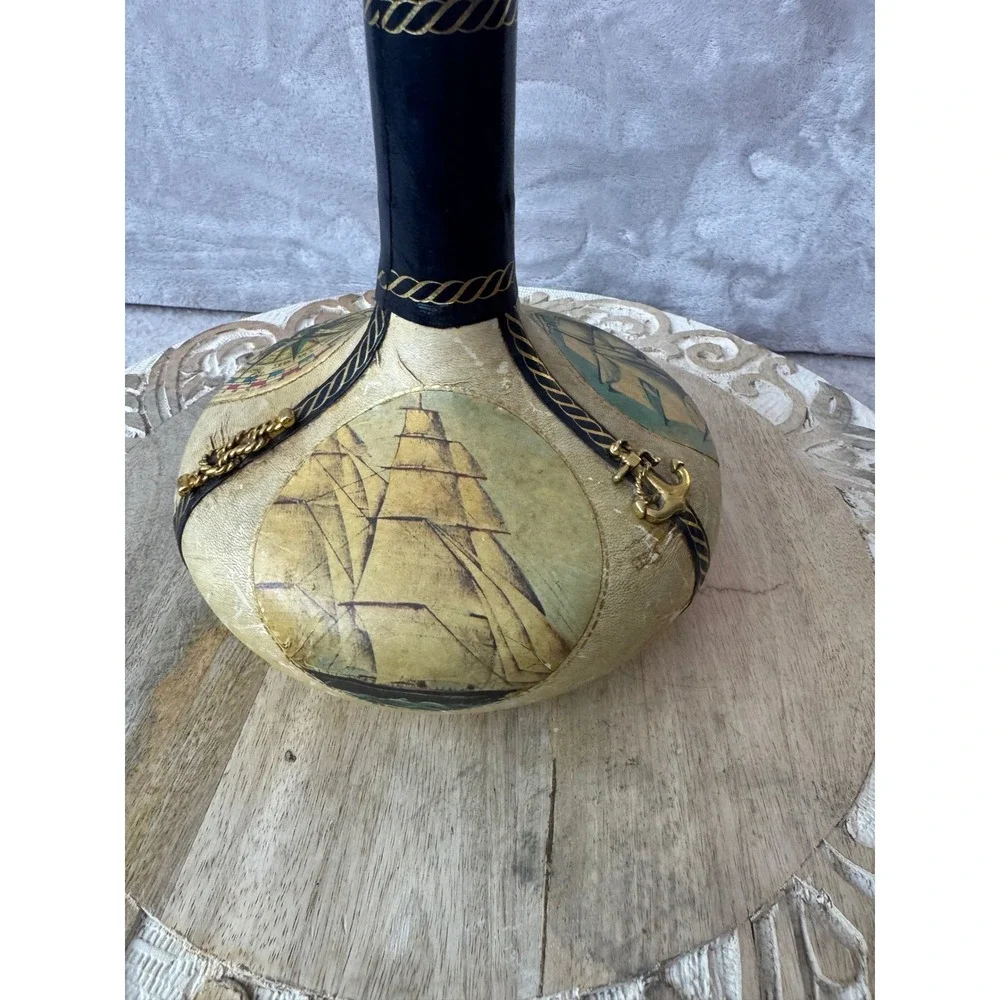 Vintage Italian Leather Wrapped Nautical Decanter Ship CompassWooden Stopper 11